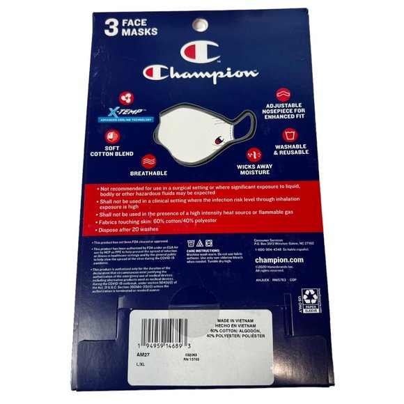 Champion 9 Adult Face Masks 3 Boxes Of 3 Black, Navy, Concrete L/XL Reusable - Picture 11 of 12